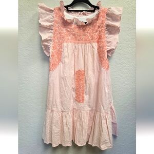J. Marie embroidered tiered Scotland Dress ruffled peach and white stripe Medium